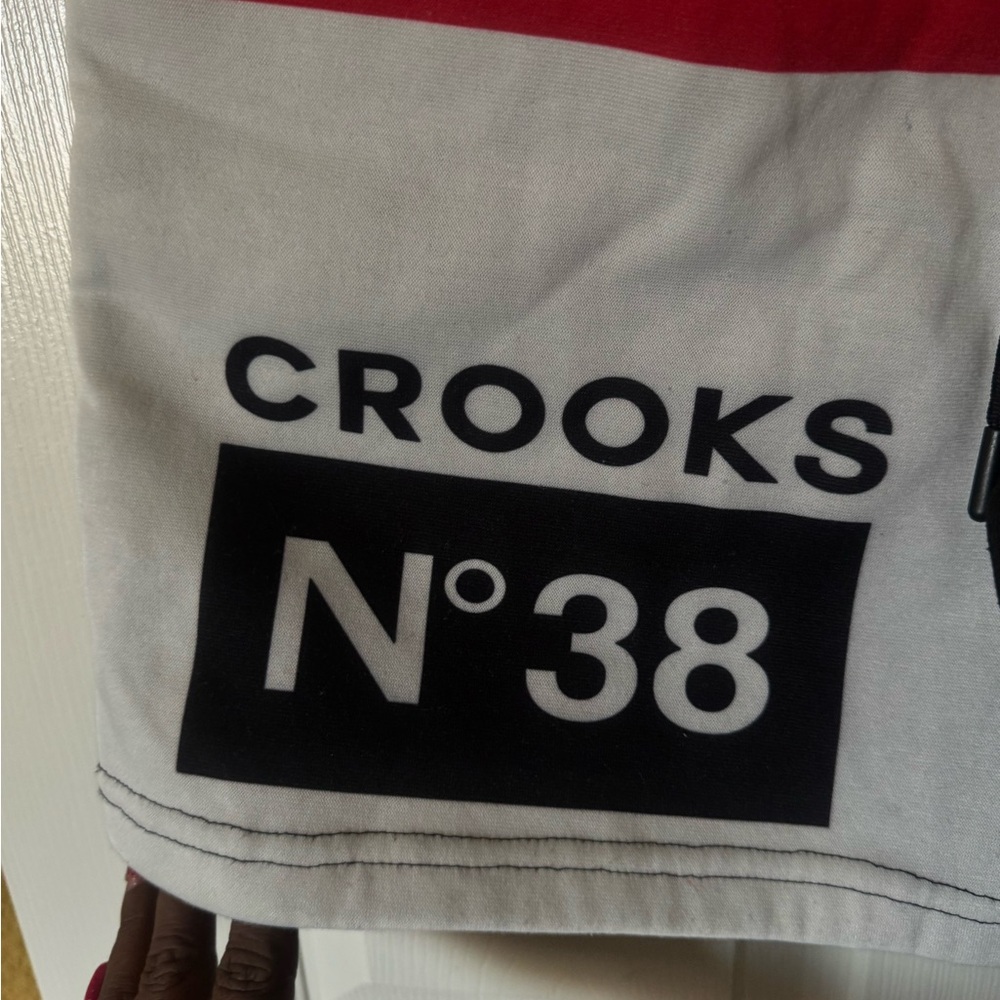 Crooks & Castles Red White Black Graphic Patchwork Shorts - Picture 3 of 6